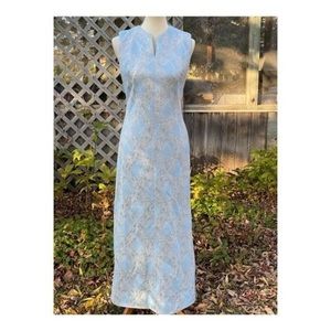 Vintage 50s Ice Blue Formal Gown Dress Maxi Silver Metallic Threads Cheongsam
